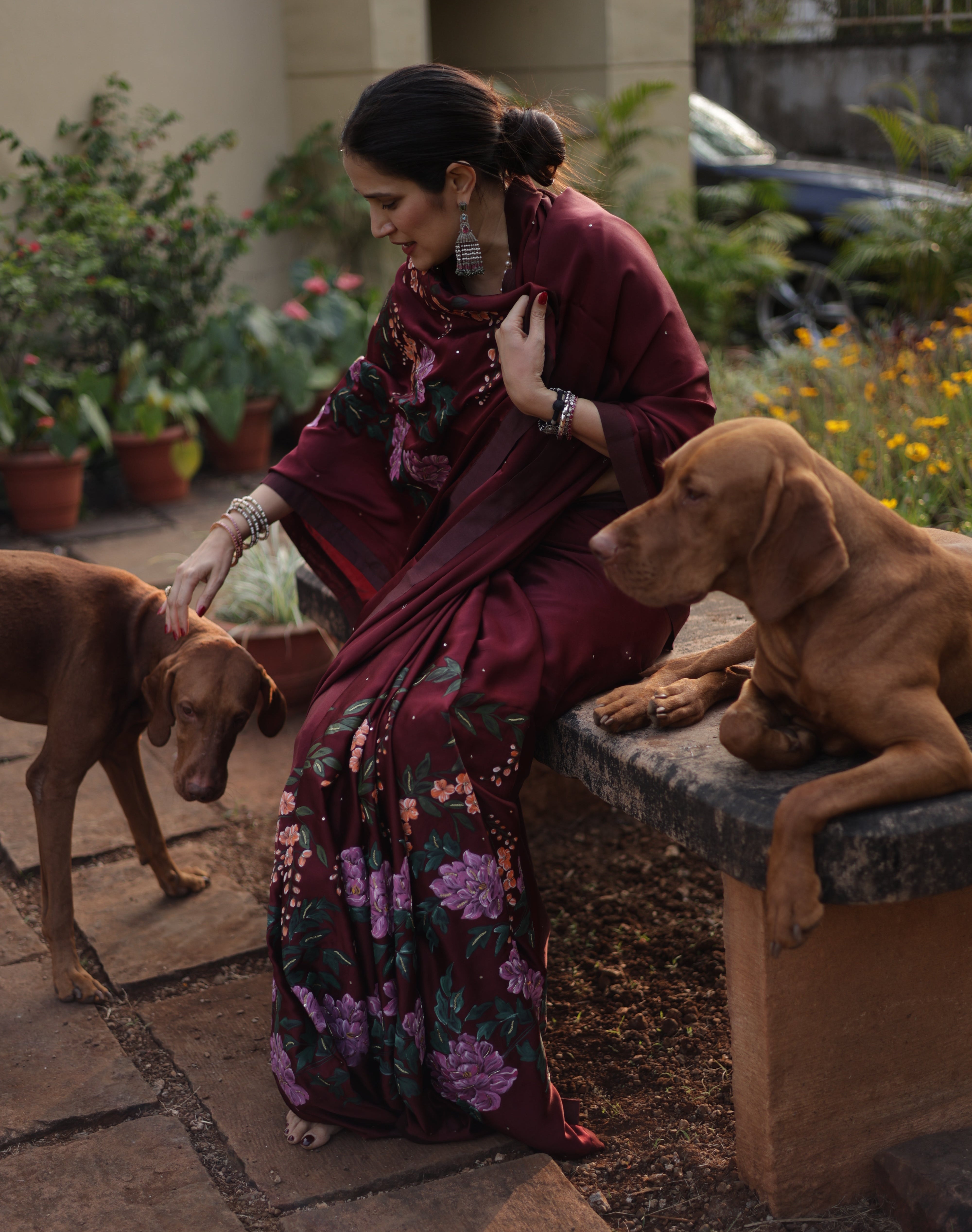 Actor Sagarika Ghatge in our Dark Red Satin-Crepe Saree