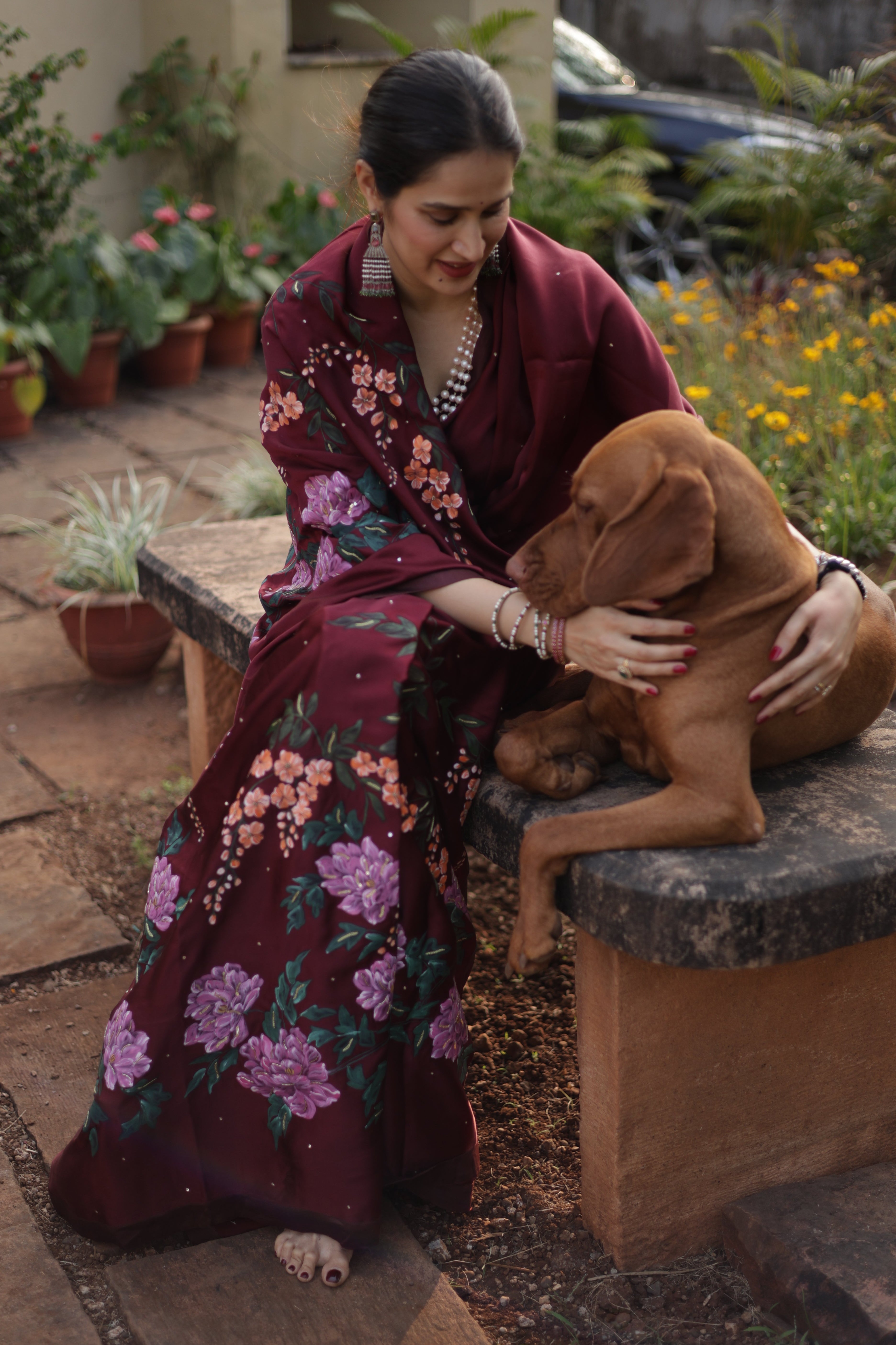 Actor Sagarika Ghatge in our Dark Red Satin-Crepe Saree