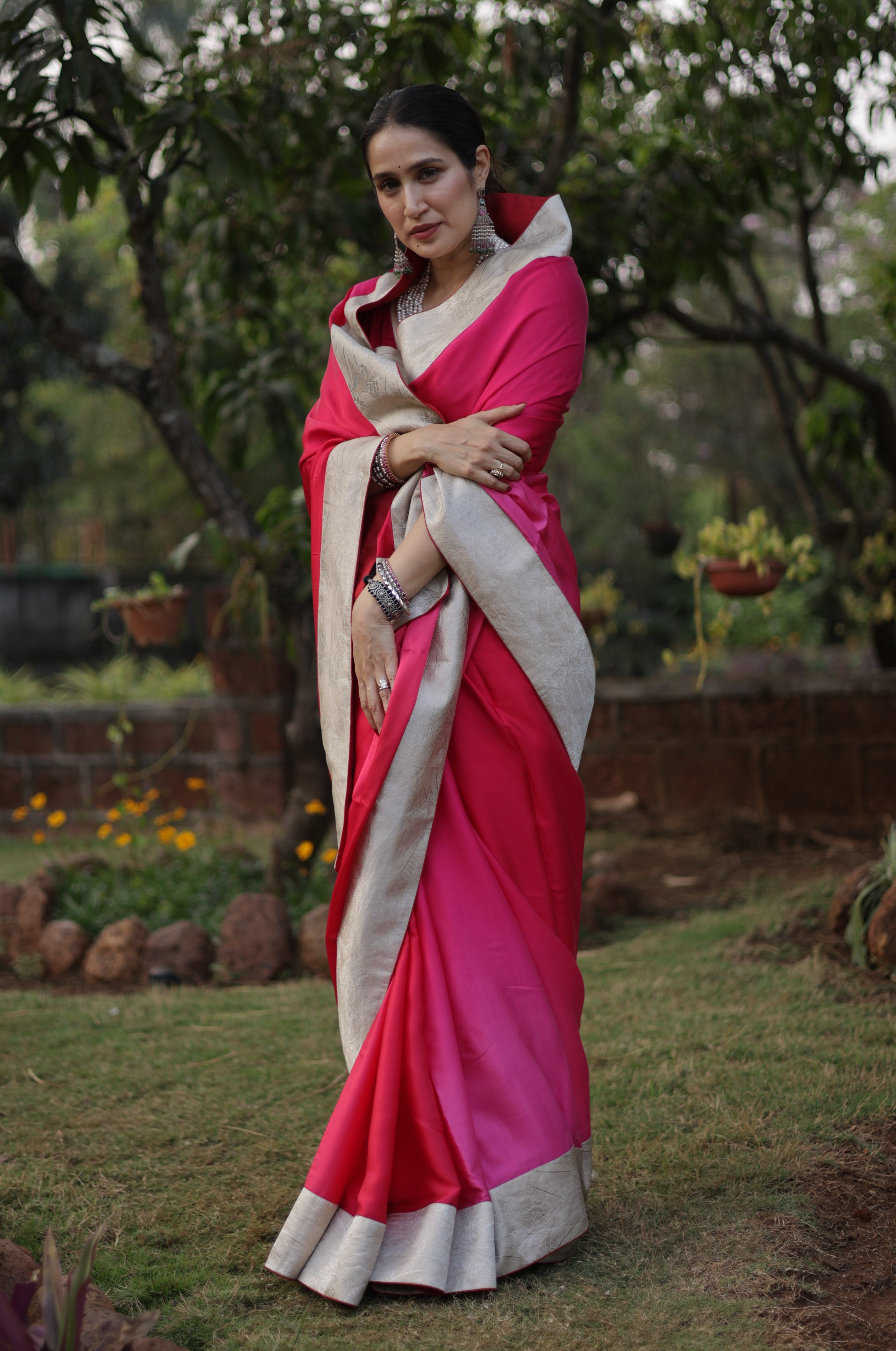 Actor Sagarika Z Ghatge in Dark Pink Satin Crepe Saree