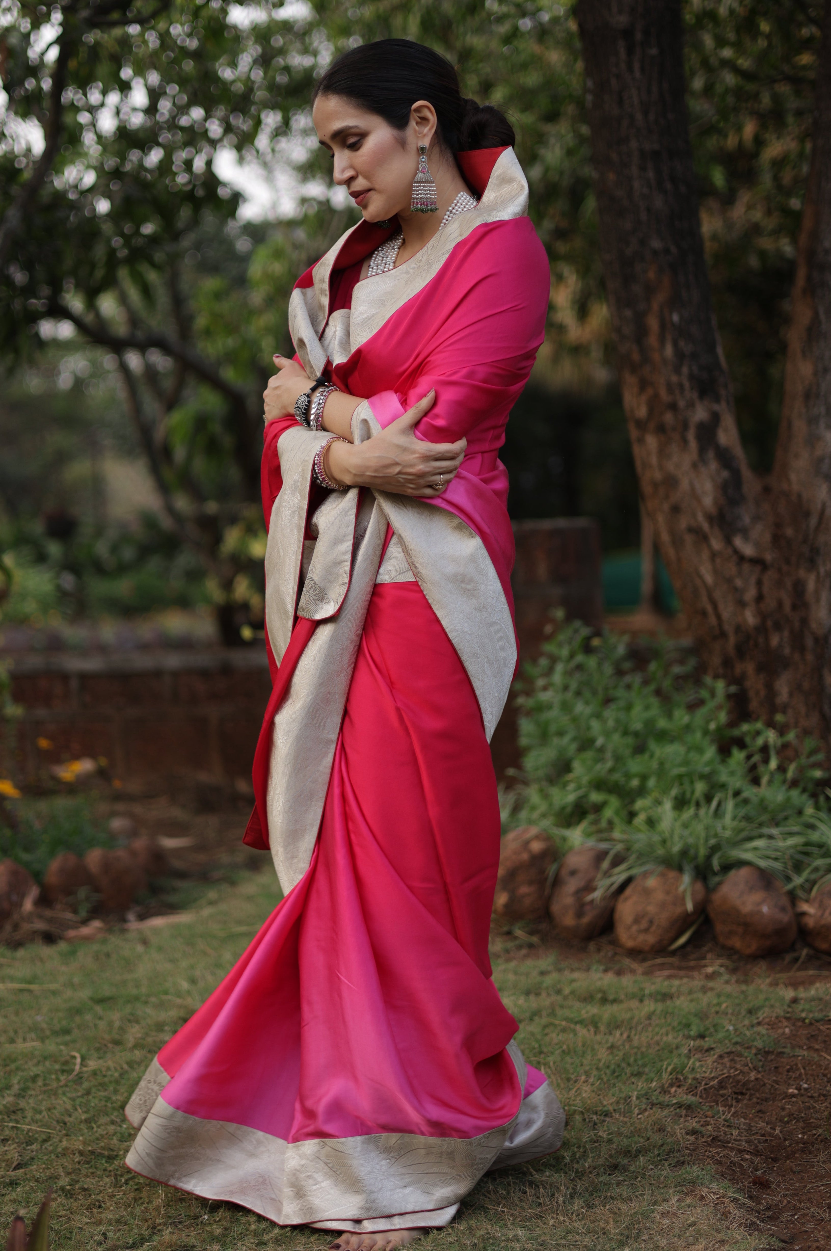 Actor Sagarika Z Ghatge in Dark Pink Satin Crepe Saree