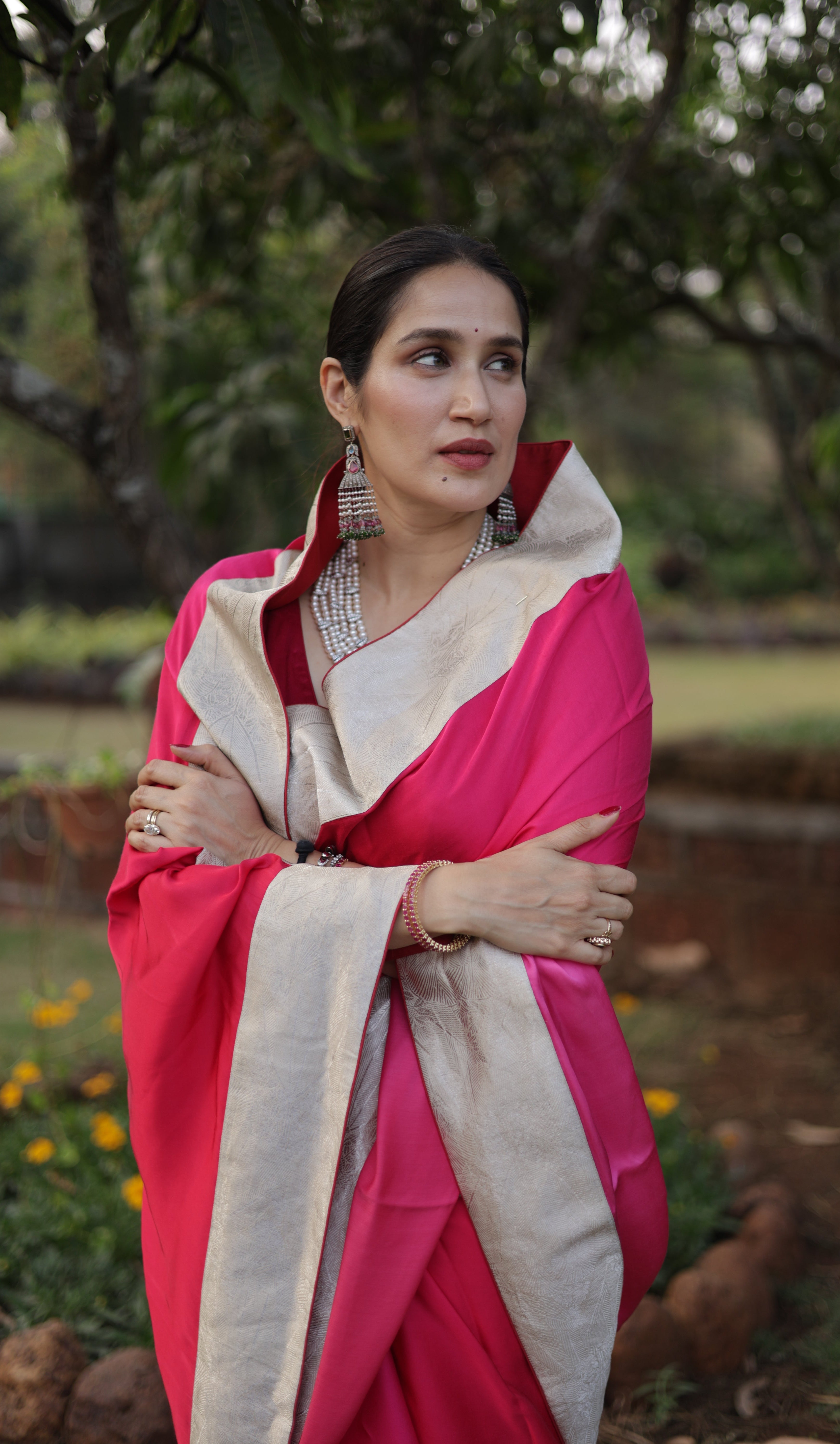 Actor Sagarika Z Ghatge in Dark Pink Satin Crepe Saree