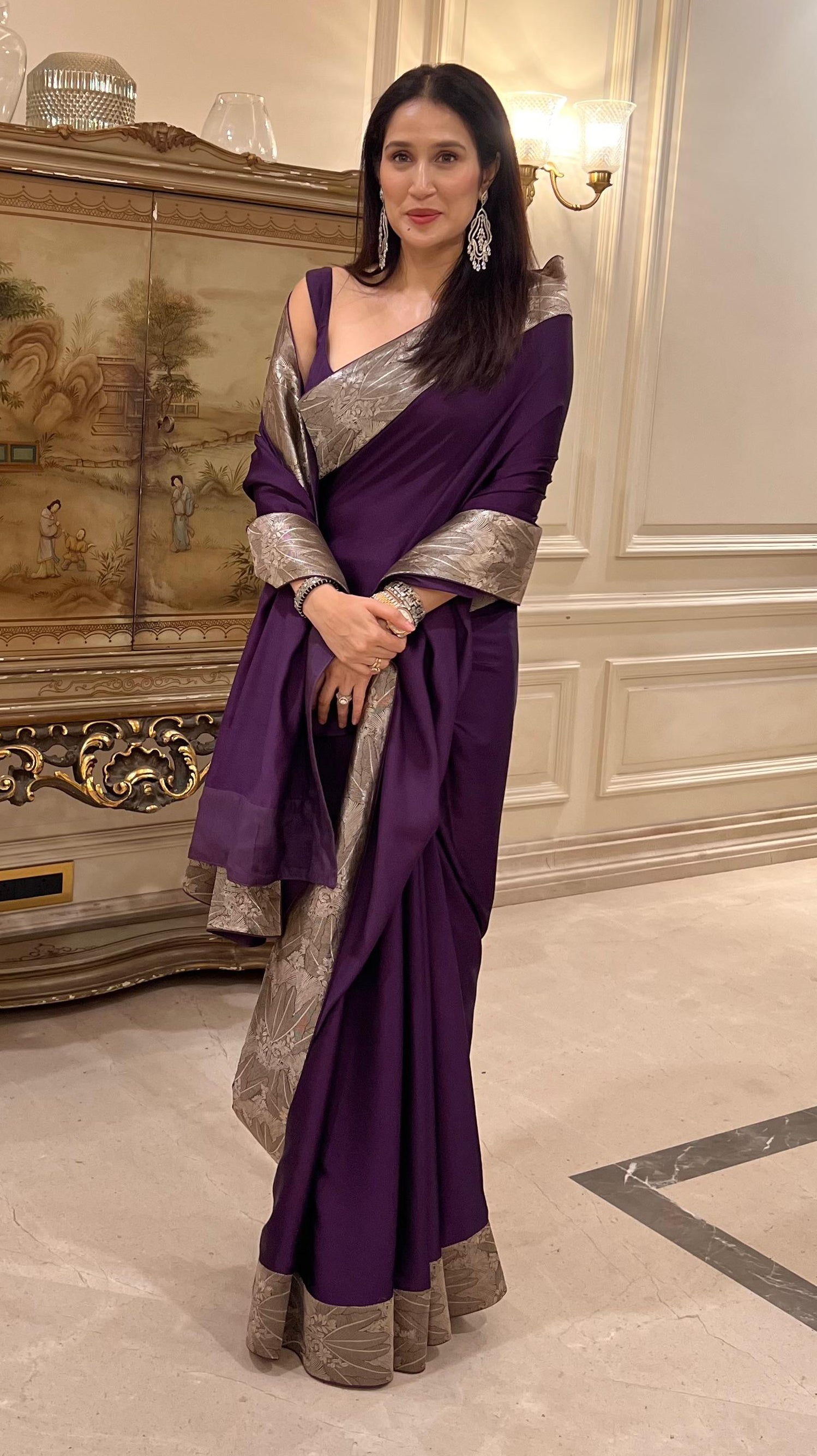 Actor Sagarika Z Ghatge in Vintage Purple Satin-Crepe Saree