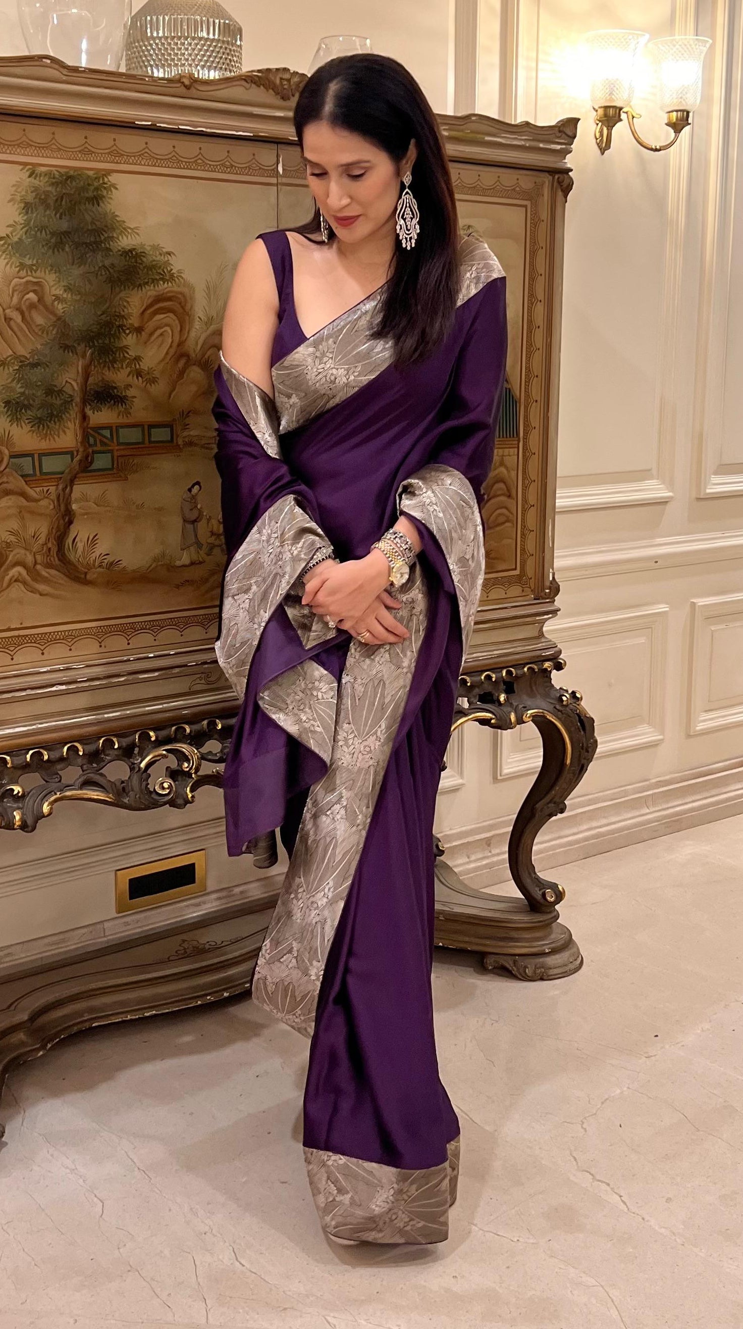 Actor Sagarika Z Ghatge in Vintage Purple Satin-Crepe Saree