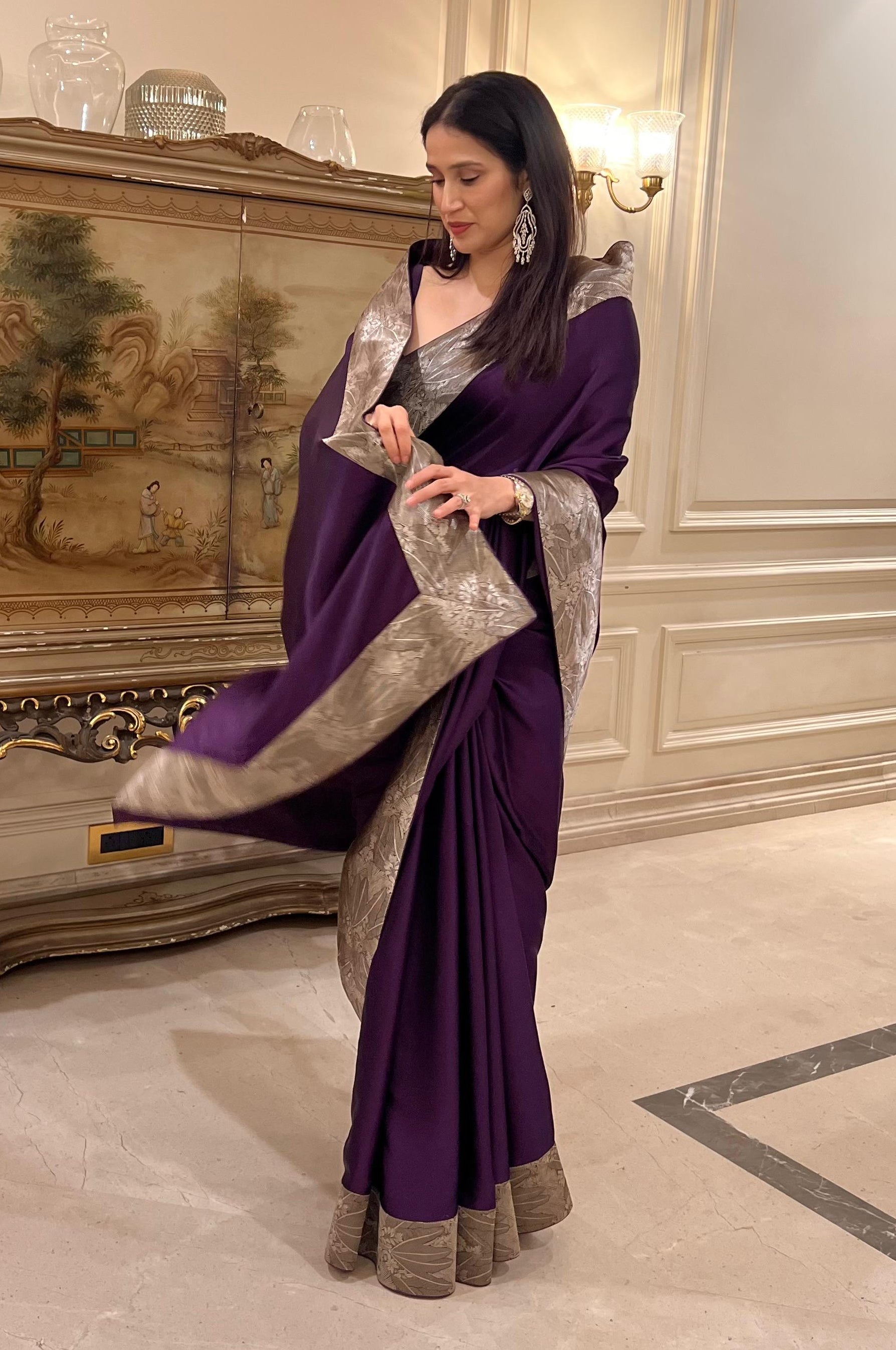 Actor Sagarika Z Ghatge in Vintage Purple Satin-Crepe Saree