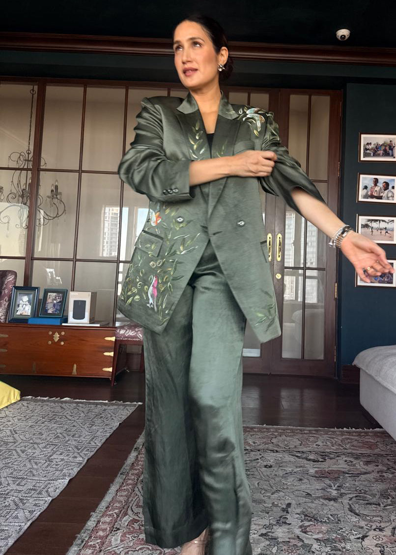 Actor Sagarika Z Ghatge adorned in our Dark Green Satin-Linen Jacket Set