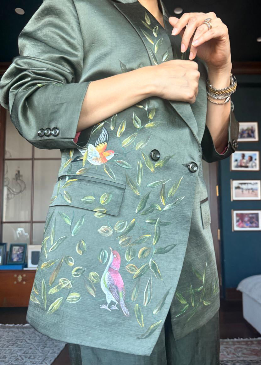 Actor Sagarika Z Ghatge adorned in our Dark Green Satin-Linen Jacket Set