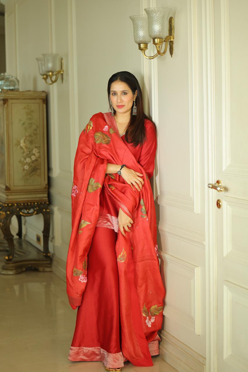 Actor Sagarika Ghatge in our Hand-Painted Dark-Red Sharara