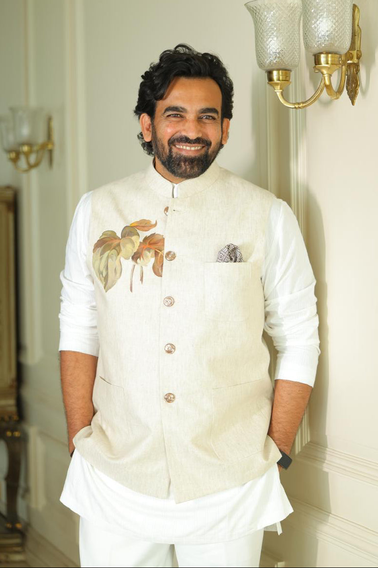 Cricket Legend Zaheer Khan in Beige Hand-Painted Bandhgala