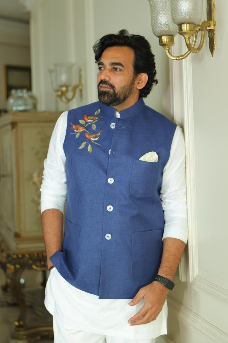 Cricket Legend Zaheer Khan in Blue Hand-Painted Bandhgala