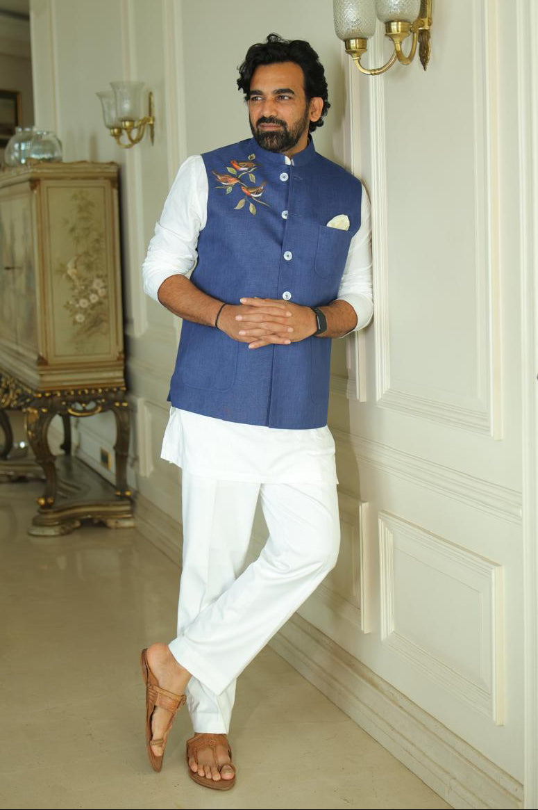 Cricket Legend Zaheer Khan in Blue Hand-Painted Bandhgala