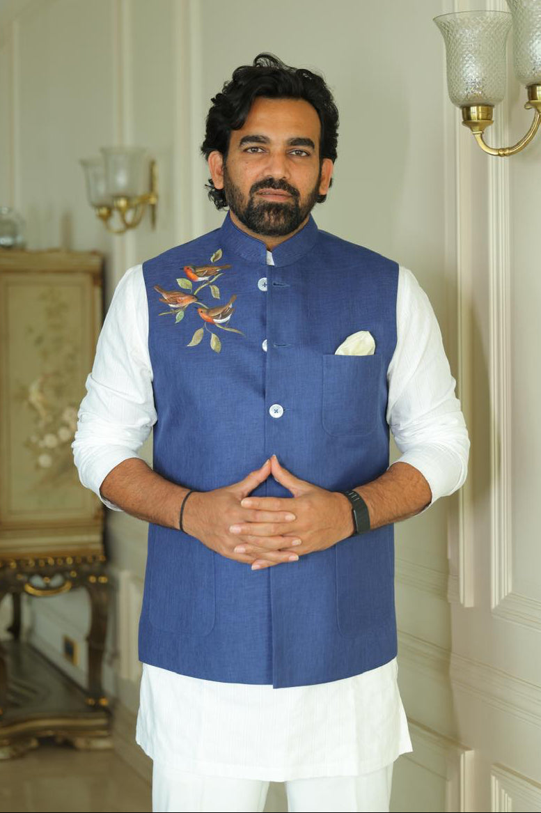 Cricket Legend Zaheer Khan in Blue Hand-Painted Bandhgala