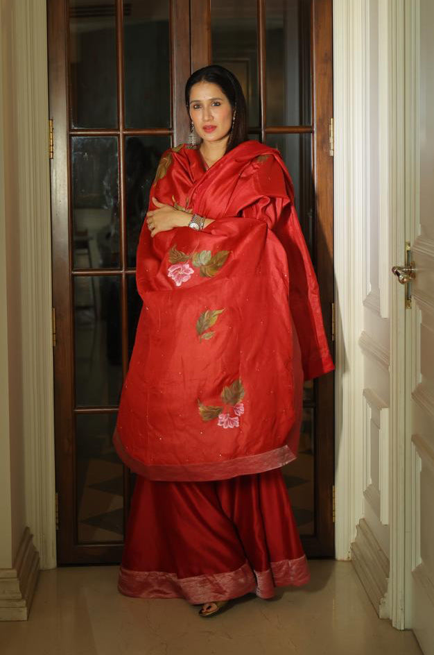Actor Sagarika Ghatge in our Hand-Painted Dark-Red Sharara