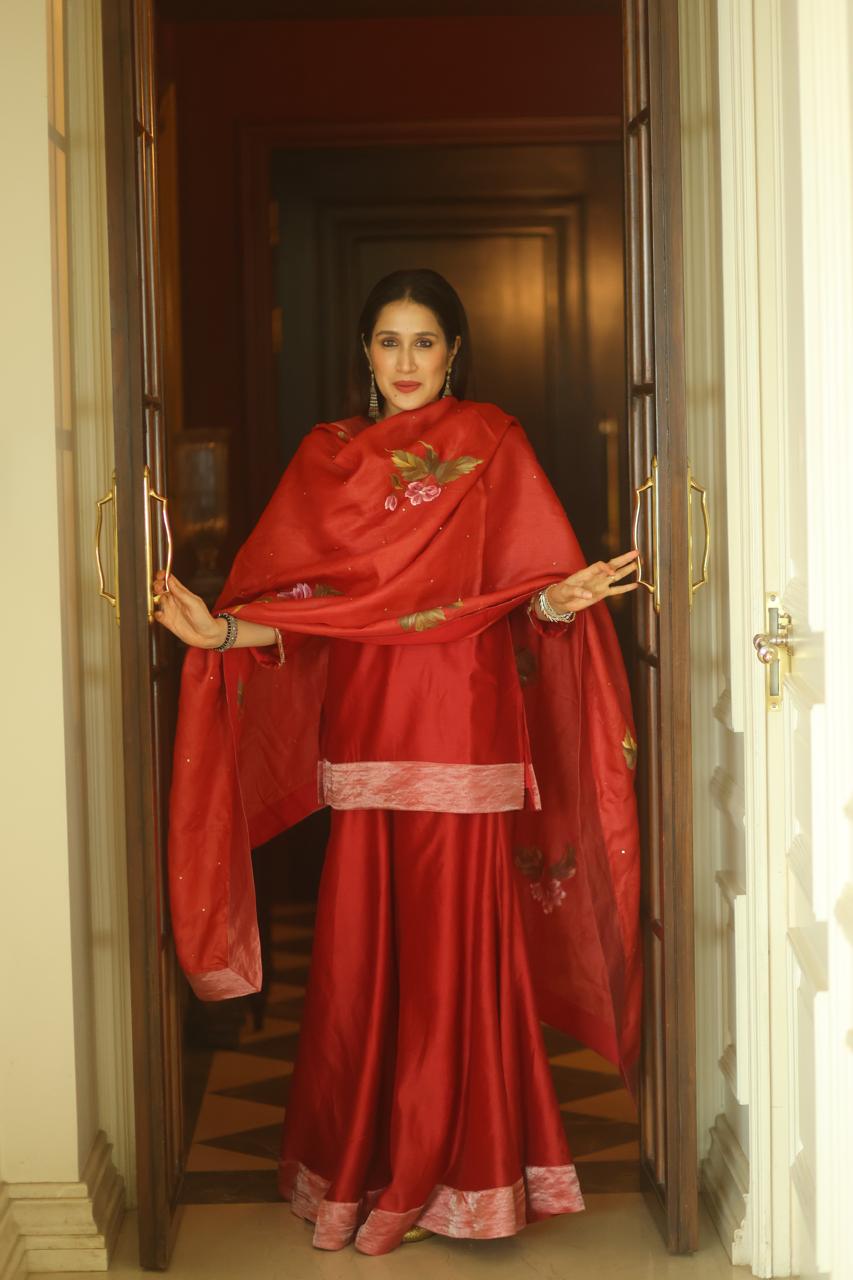 Actor Sagarika Ghatge in our Hand-Painted Dark-Red Sharara