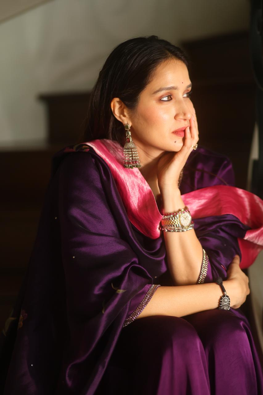 Actor Sagarika Ghatge in our Hand-Painted Purple Sharara