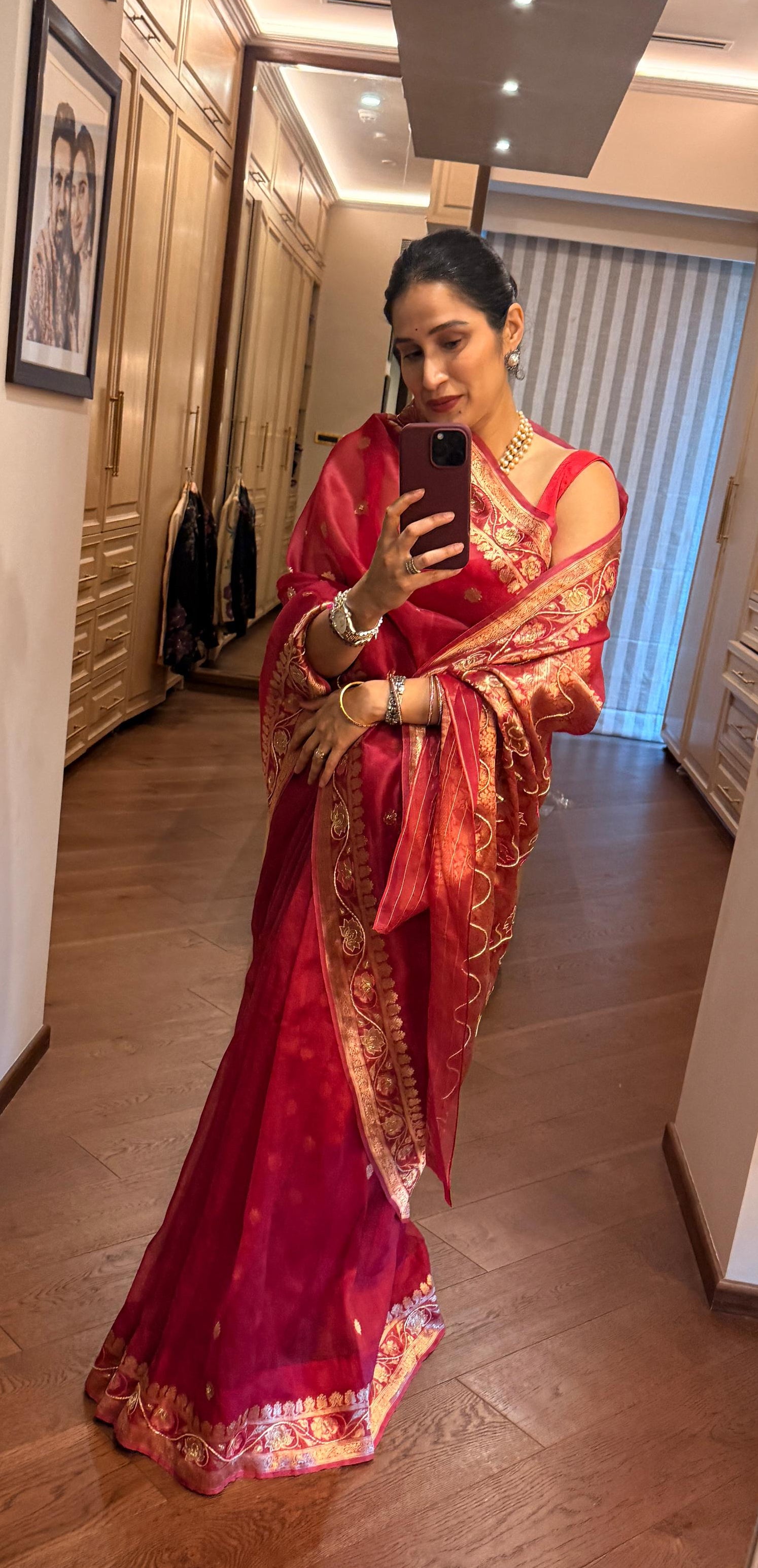 Actor Sagarika Z Ghatge in our Hand-Embroidered Silk-Organza Saree