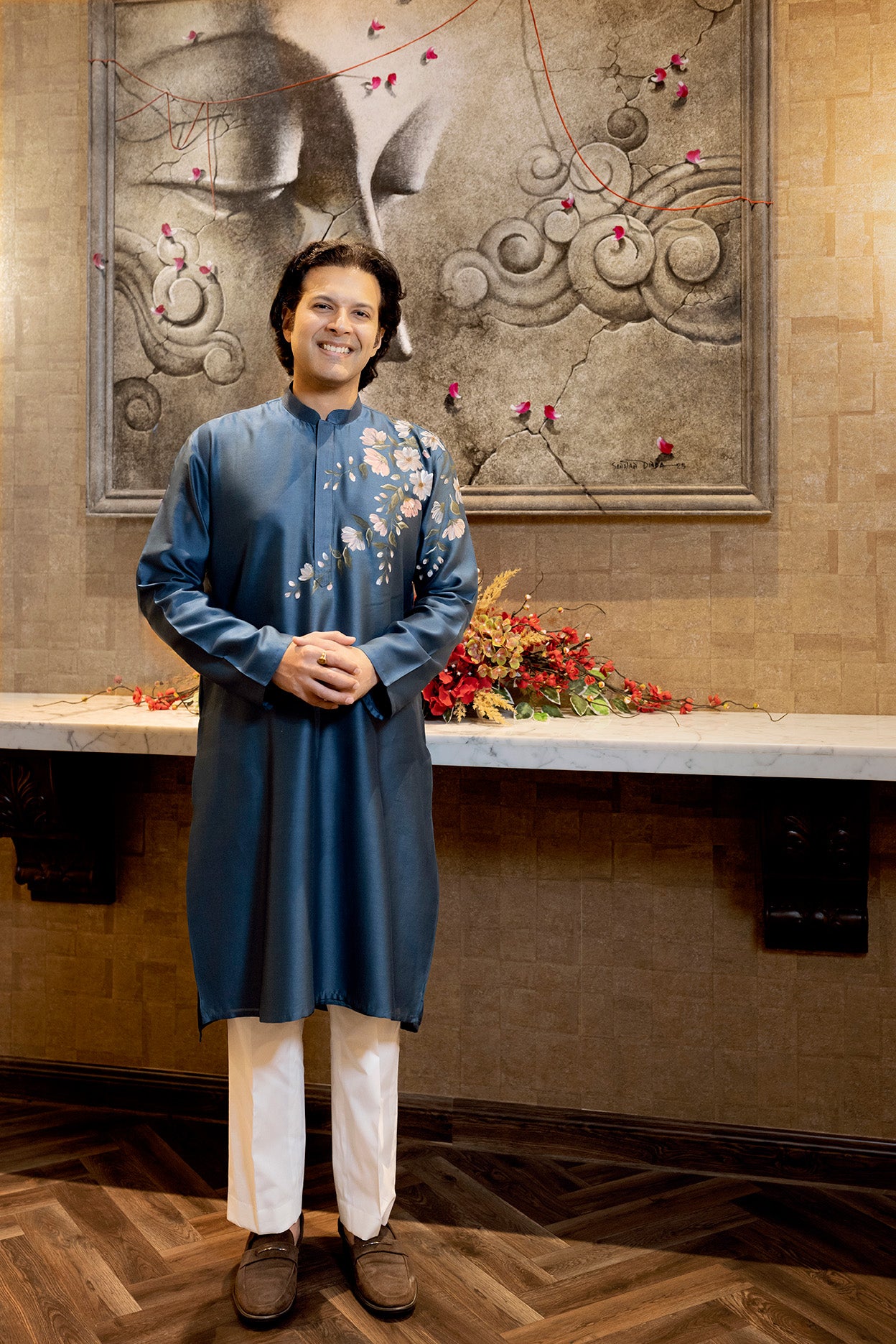 Music Maestro Ayaan Ali Bangash in our Silk Hand-Painted Kurta Set
