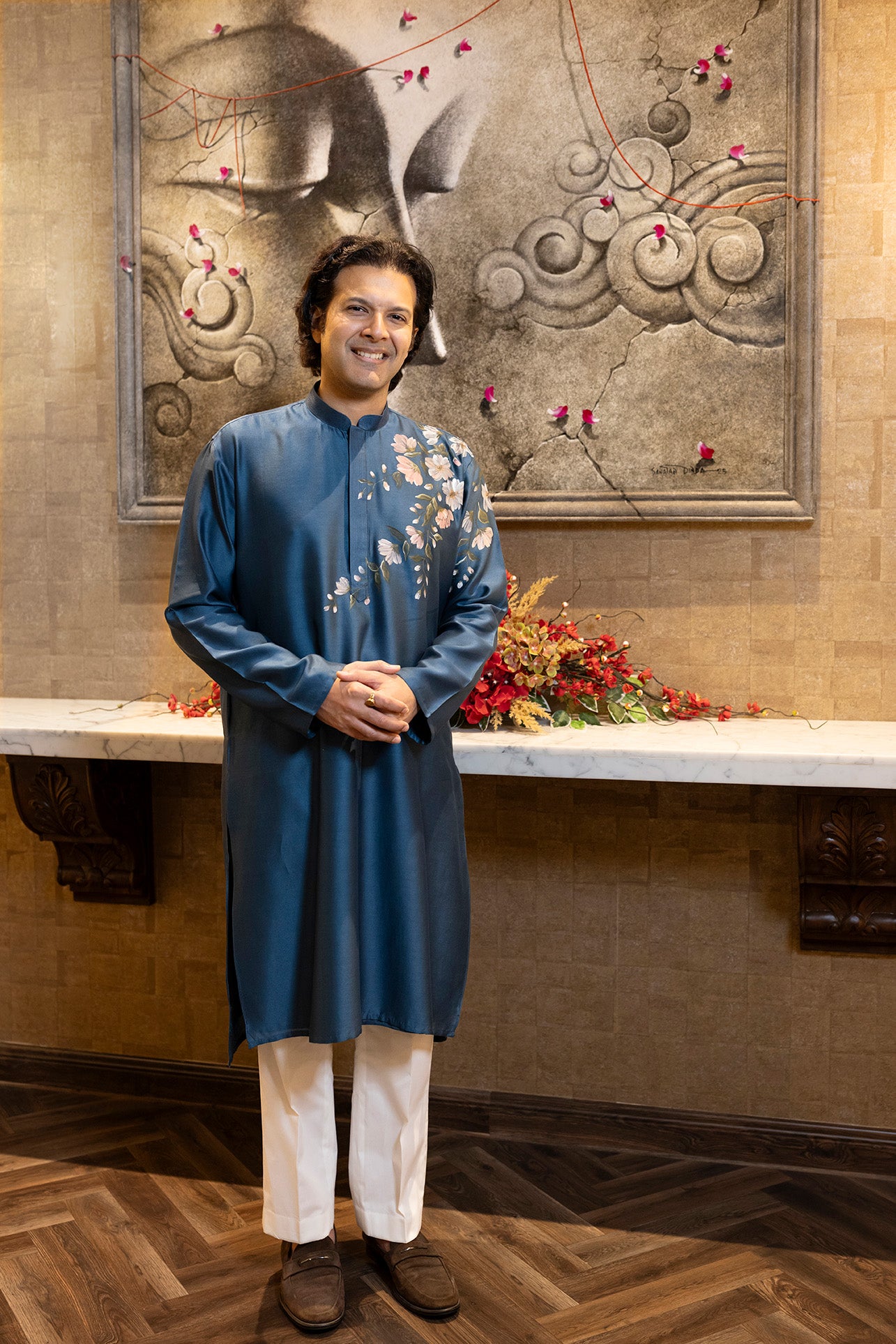 Music Maestro Ayaan Ali Bangash in our Silk Hand-Painted Kurta Set